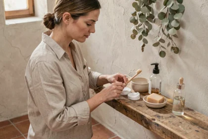 Femme arrangeant des accessoires de beauté éco-responsables en bambou et verre sur une étagère en bois brut dans une salle de bain naturelle