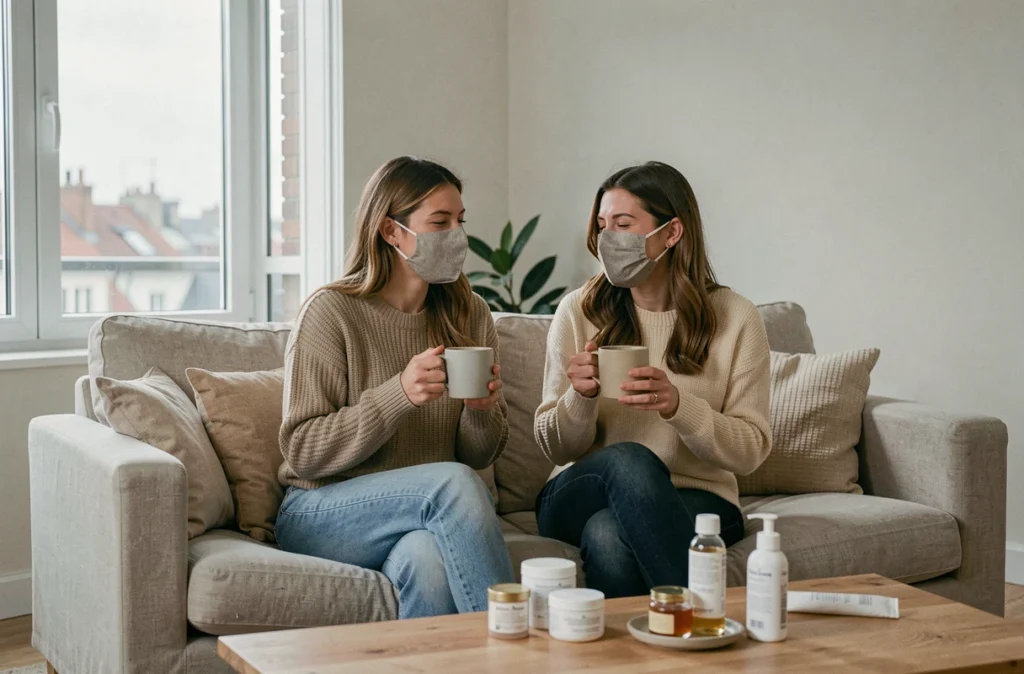 Deux amies portant des masques en tissu sur le visage, assises ensemble dans un salon moderne, moment de bien-être partagé