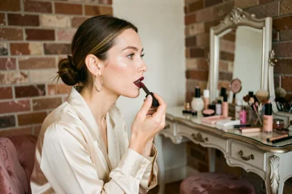 Femme appliquant un rouge à lèvres mat bordeaux devant un miroir de coiffeuse dans un appartement parisien