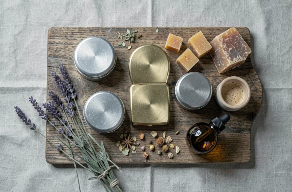 Assortiment de parfums solides artisanaux en boîtes métalliques et céramiques disposés en flat-lay avec des ingrédients botaniques