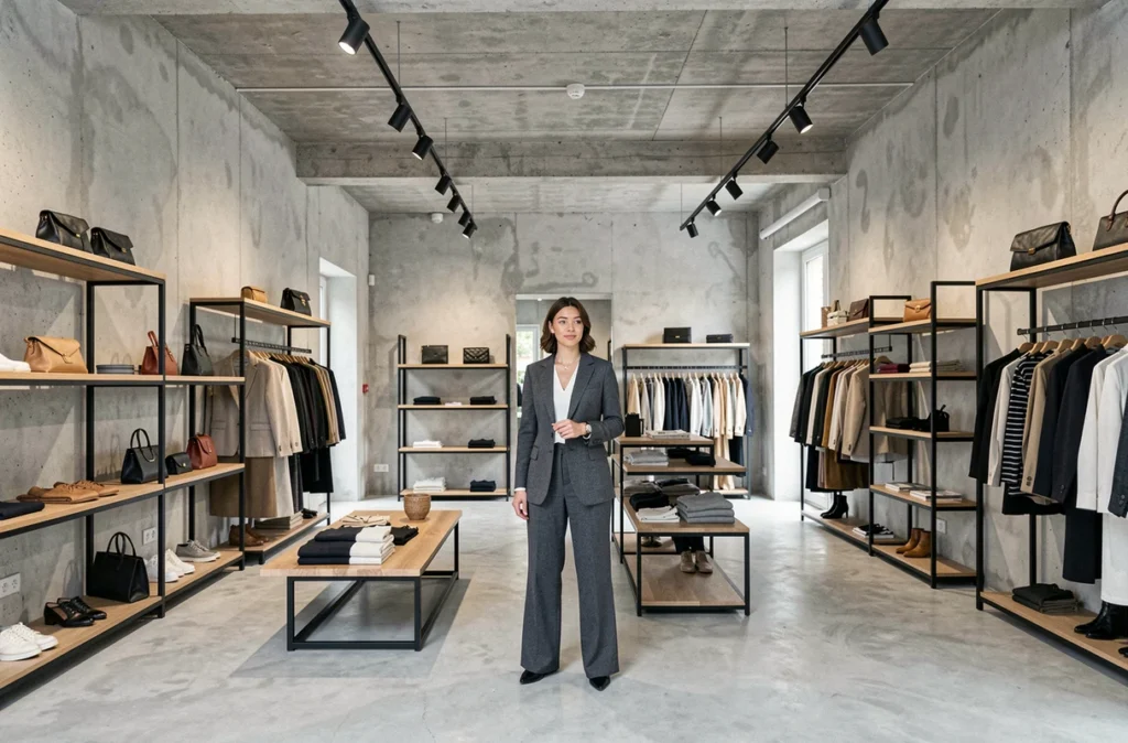Intérieur contemporain du concept store Bo La Suite à Aix-en-Provence, femme élégante explorant des vêtements sur des étagères industrielles dans un espace minimaliste