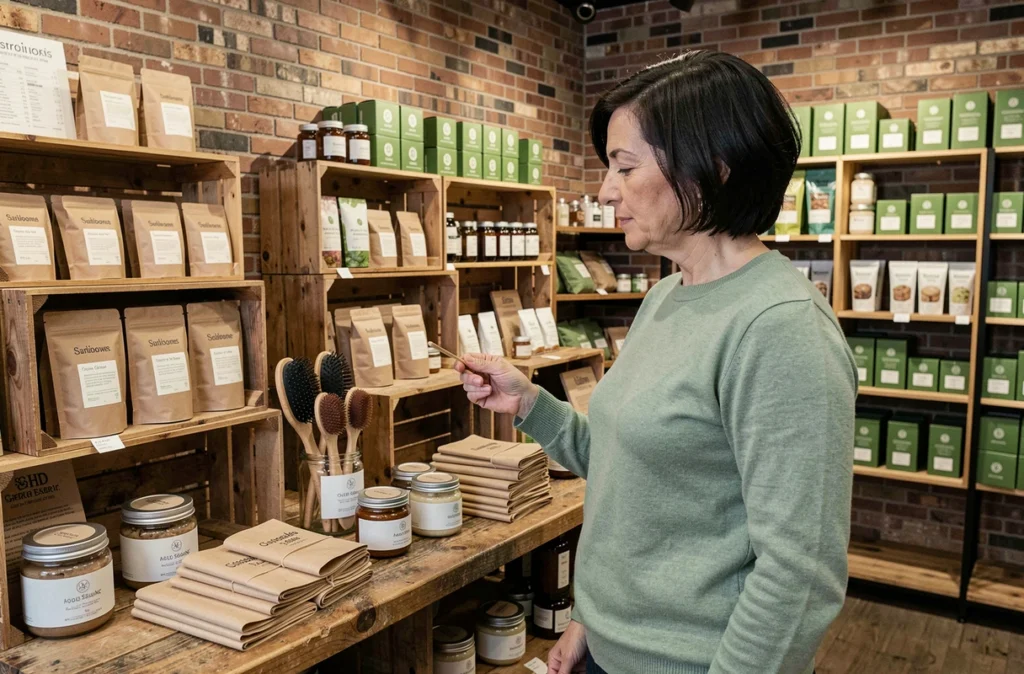 Femme explorant des produits de beauté durables dans une boutique éco-responsable avec des étagères en bois et des emballages naturels