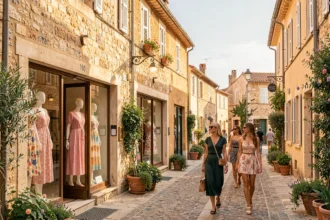 Rue commerçante ensoleillée en Provence avec des boutiques de prêt-à-porter féminin aux vitrines colorées et des femmes élégantes qui se promènent