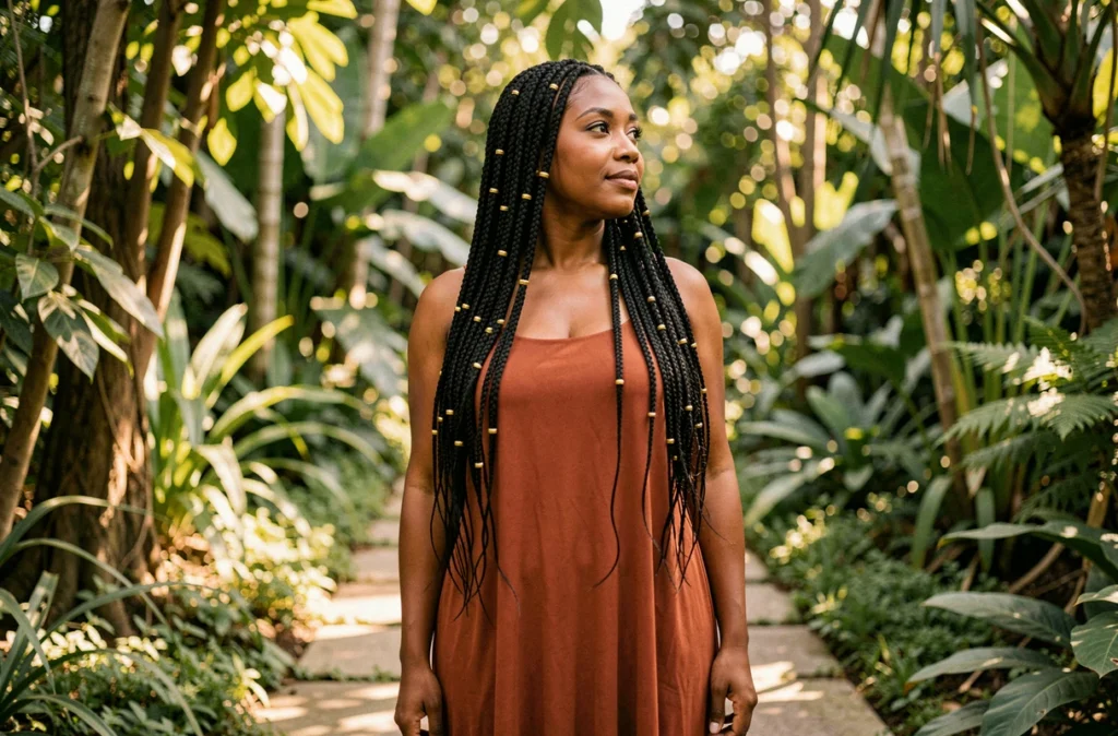 Femme aux box braids ornées d'anneaux dorés dans un jardin botanique, tendance coiffures tressées