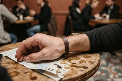 Bracelet en cuir homme personnalisé avec initiales gravées posé sur une table de café parisien, mains d'un couple enlacées