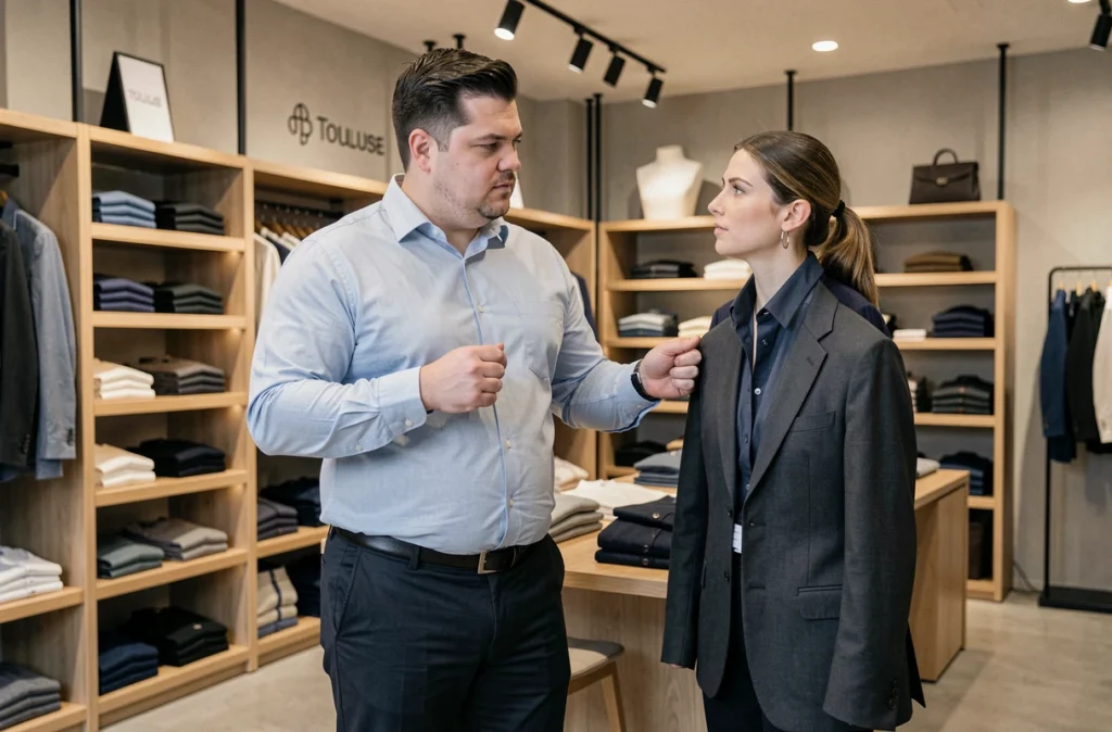Client grande taille conseillé par un vendeur dans la boutique C'Pierre Style à Toulouse