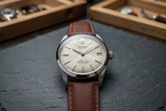 Gros plan macro d'une montre Chronofixe Magister authentique sur ardoise, révélant les détails du cadran et du bracelet en cuir
