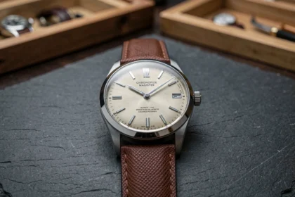 Gros plan macro d'une montre Chronofixe Magister authentique sur ardoise, révélant les détails du cadran et du bracelet en cuir