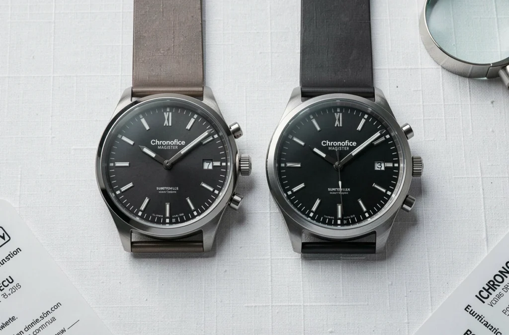 Comparaison côte à côte d'une vraie Chronofixe Magister et d'une contrefaçon pour identifier les signes d'authenticité