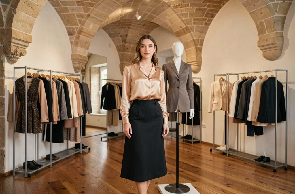 Femme en tenue chic près d'un mannequin habillé dans la boutique Coppelia à Avignon, intérieur élégant avec voûtes en pierre et parquet ciré