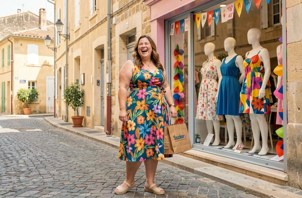 Cliente souriante devant la boutique Dodues In Love à Béziers, mode grande taille inclusive
