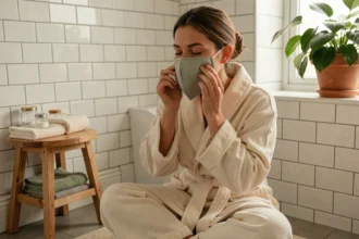 Femme appliquant un masque en tissu sur son visage dans une salle de bain zen et épurée, rituel de soin visage à domicile