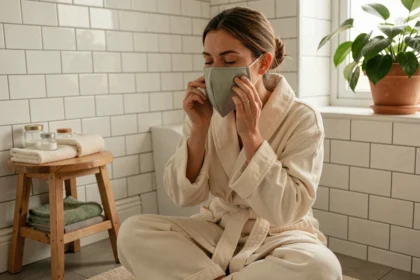 Femme appliquant un masque en tissu sur son visage dans une salle de bain zen et épurée, rituel de soin visage à domicile