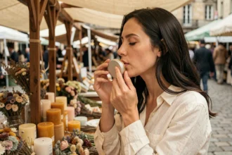 Femme humant un parfum solide artisanal dans un marché de créateurs, tenant une petite boîte ronde entre ses doigts