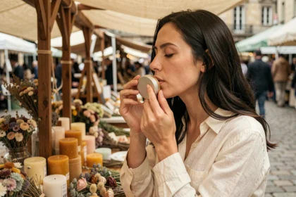 Femme humant un parfum solide artisanal dans un marché de créateurs, tenant une petite boîte ronde entre ses doigts