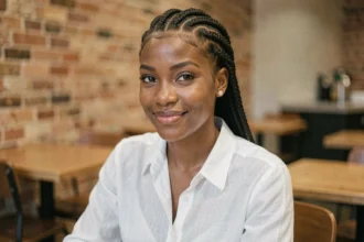 Jeune femme aux tresses cornrows géométriques assise dans un café urbain, coiffure tressée tendance