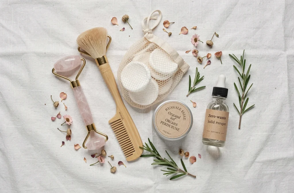 Vue de dessus d'accessoires de beauté éco-responsables disposés sur du lin blanc incluant rouleau en quartz rose brosse en bambou et flacons en verre