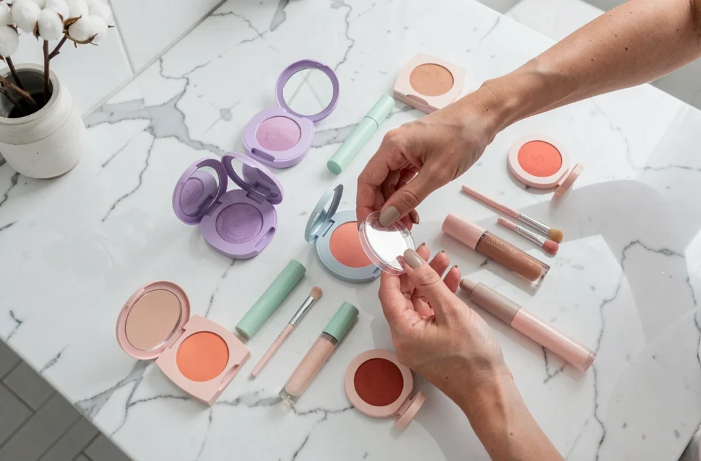 Flat lay minimaliste de cosmétiques pastel sur marbre blanc incluant palettes lilas, eye-liners verts menthe et rouges à lèvres rosés arrangés par une maquilleuse professionnelle