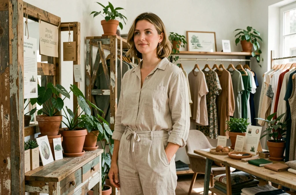 Femme en tenue écoresponsable en lin naturel dans la boutique Friends Wood à Aix-en-Provence, décor durable avec bois recyclé et plantes en pot