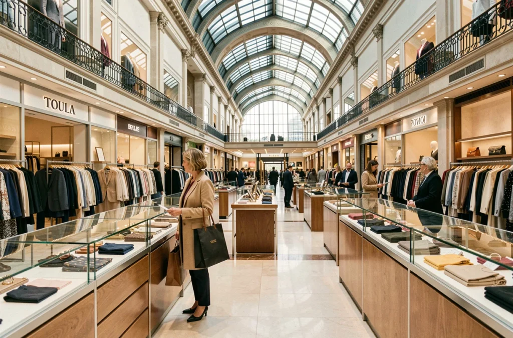 Femme élégante parcourant le rayon mode femme des Galeries Lafayette à Toulon, grand espace commercial avec rayonnages de vêtements et comptoirs d'accessoires