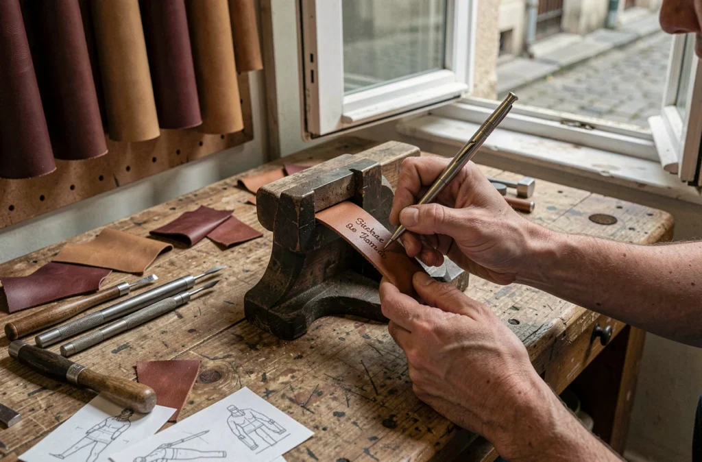 Artisan gravant un message personnalisé sur un bracelet en cuir homme dans un atelier traditionnel, outils d'artisanat visibles