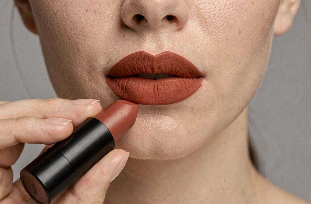 Gros plan sur des lèvres féminines portant un rouge à lèvres mat terracotta avec un tube de rouge à lèvres tenu en main