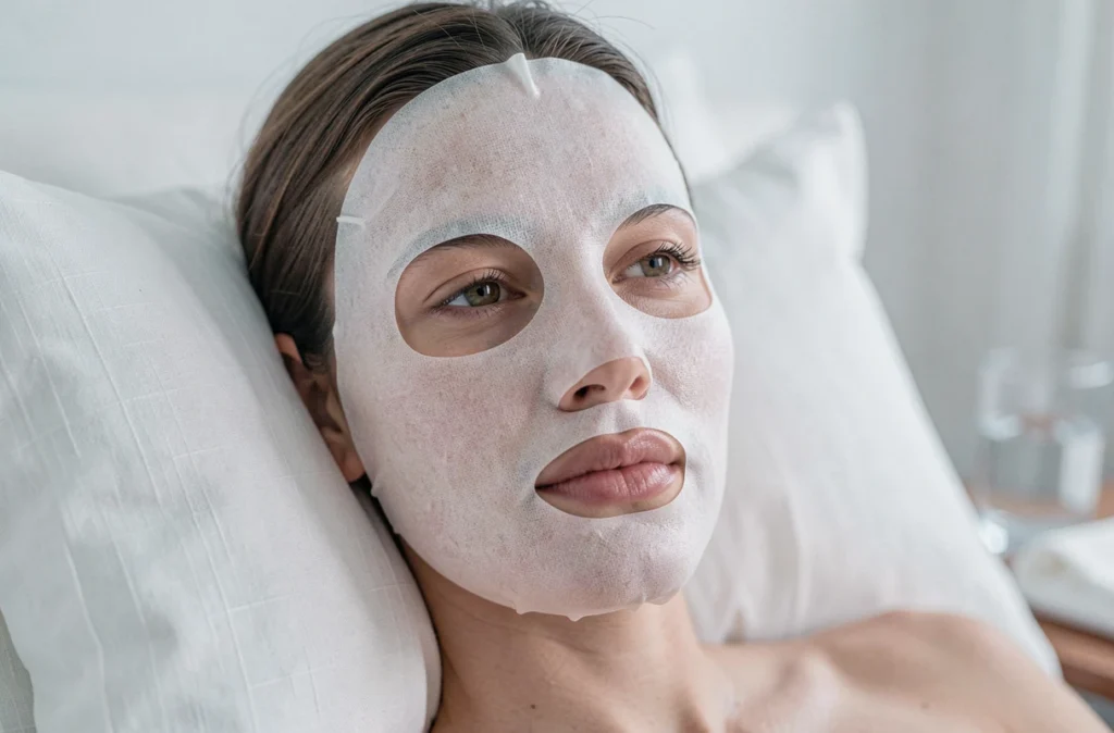 Gros plan d'un masque en tissu appliqué sur le visage d'une femme allongée, texture détaillée du masque soin en feuille