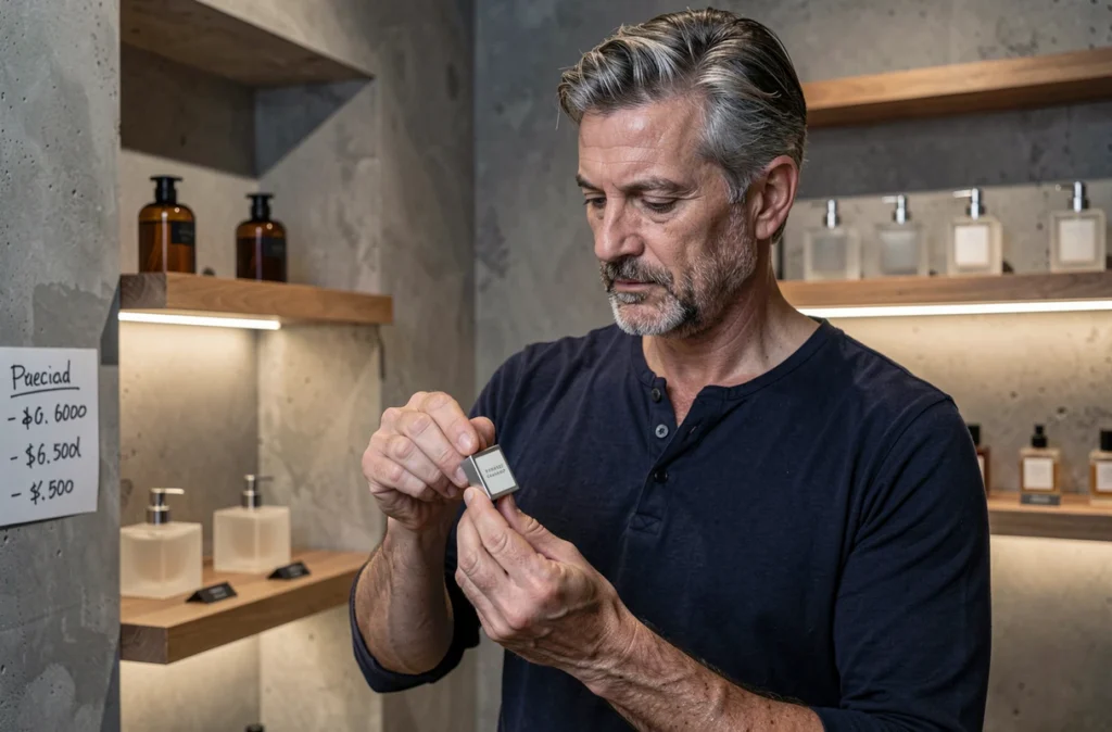 Homme appliquant un parfum solide sur son poignet dans une boutique de niche au décor minimaliste en béton brut