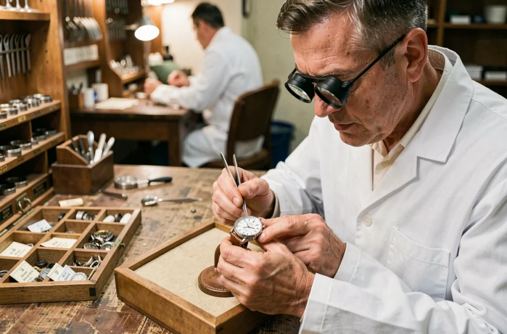 Horloger expert examinant une montre Chronofixe Magister à la loupe dans un atelier horloger authentique