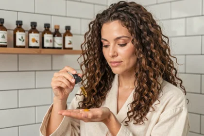 Femme appliquant de l'huile végétale d'argan sur ses cheveux bouclés dans une salle de bain naturelle et épurée