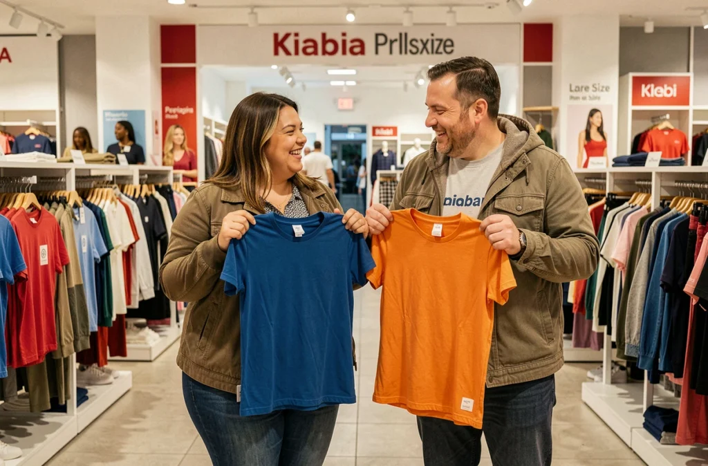 Couple grande taille faisant du shopping dans le rayon grande taille femme et homme du Kiabi à Perpignan