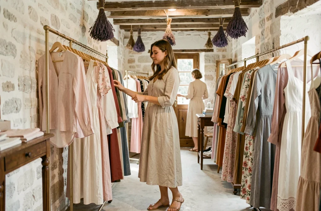 Femme élégante feuilletant un portant de vêtements dans la boutique La Parenthèse à Arles, décorée de murs en pierre blanchie et de touches provençales