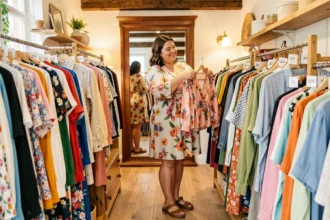 Femme grande taille souriante qui fait du shopping dans une boutique de vêtements inclusive en Occitanie