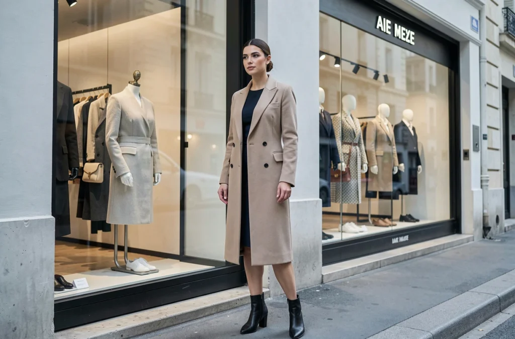 Femme élégante en manteau tailleur premium devant la vitrine de la boutique Maje à Aix-en-Provence, façade minimaliste avec grands vitrages et décor épuré