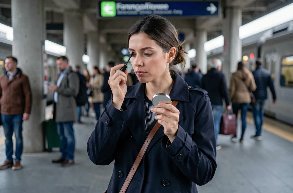 Femme appliquant du mascara sur un quai de métro le matin avec un miroir compact, incarnant le maquillage rapide pour journées chargées