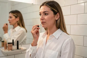 Femme appliquant un gloss nude dans une salle de bain minimaliste avec quelques produits de maquillage essentiels posés sur un plateau en céramique