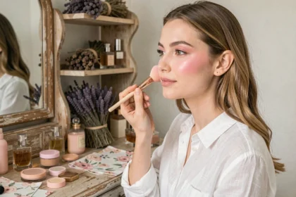 Jeune femme appliquant un blush rose pastel avec un pinceau devant une coiffeuse en bois vintage entourée de cosmétiques aux teintes douces