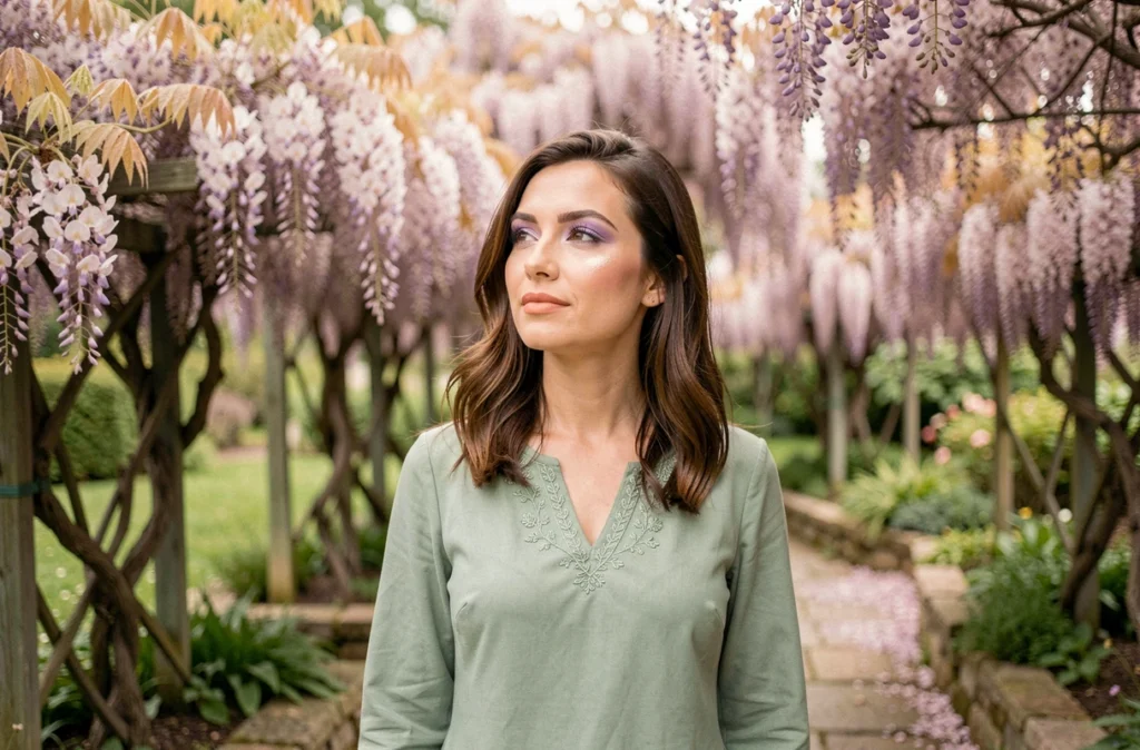 Femme arborant un maquillage pastel complet avec fard lilas et lèvres pêche dans un jardin botanique fleuri de glycines et cerisiers