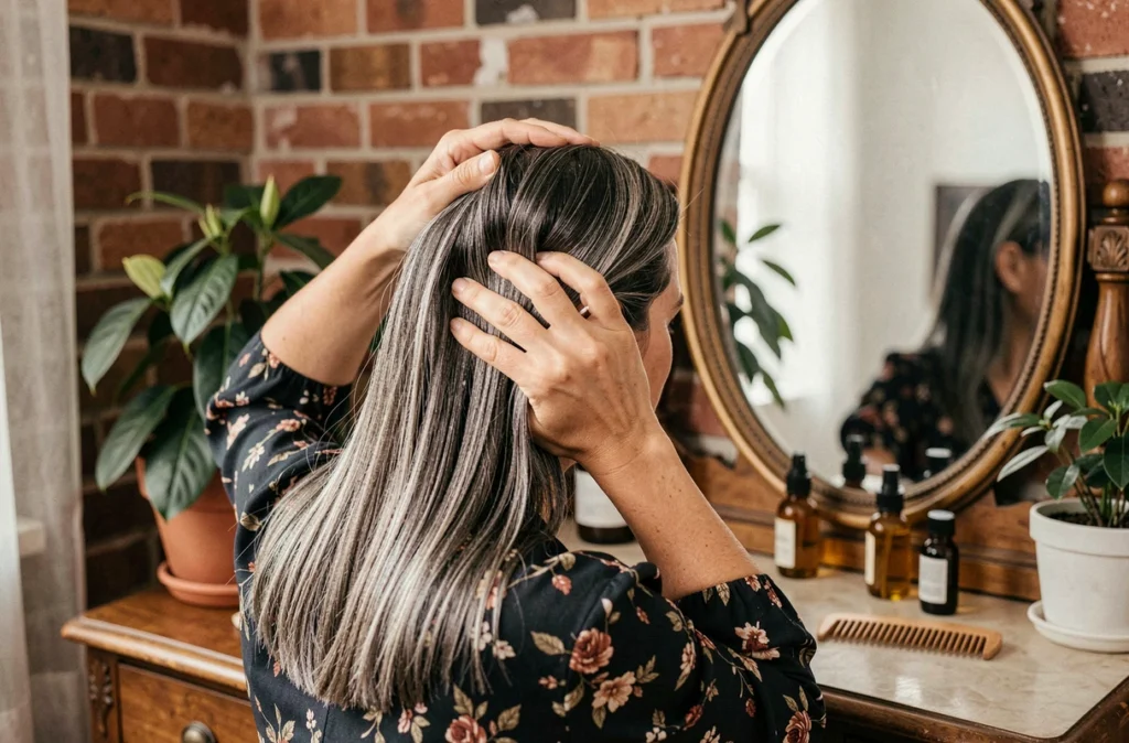 Femme aux cheveux striés de gris effectuant un massage huileux du cuir chevelu lors d'un rituel de soin capillaire à domicile