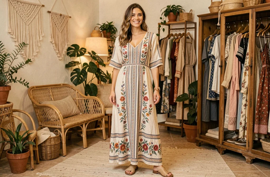 Femme en robe bohème longue brodée dans la boutique Mes Demoiselles à Aix-en-Provence, décor chaleureux avec rotin, plantes et ornements ethniques