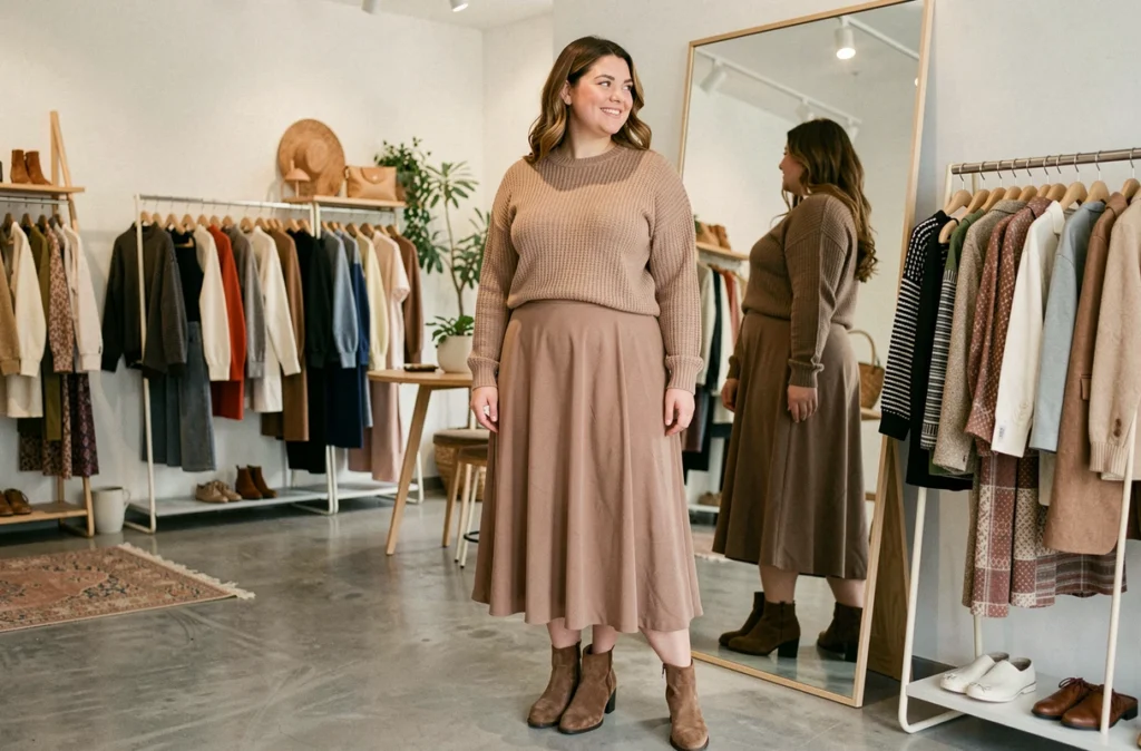 Jeune femme grande taille dans la boutique Nais à Toulouse, essayage de tenue tendance