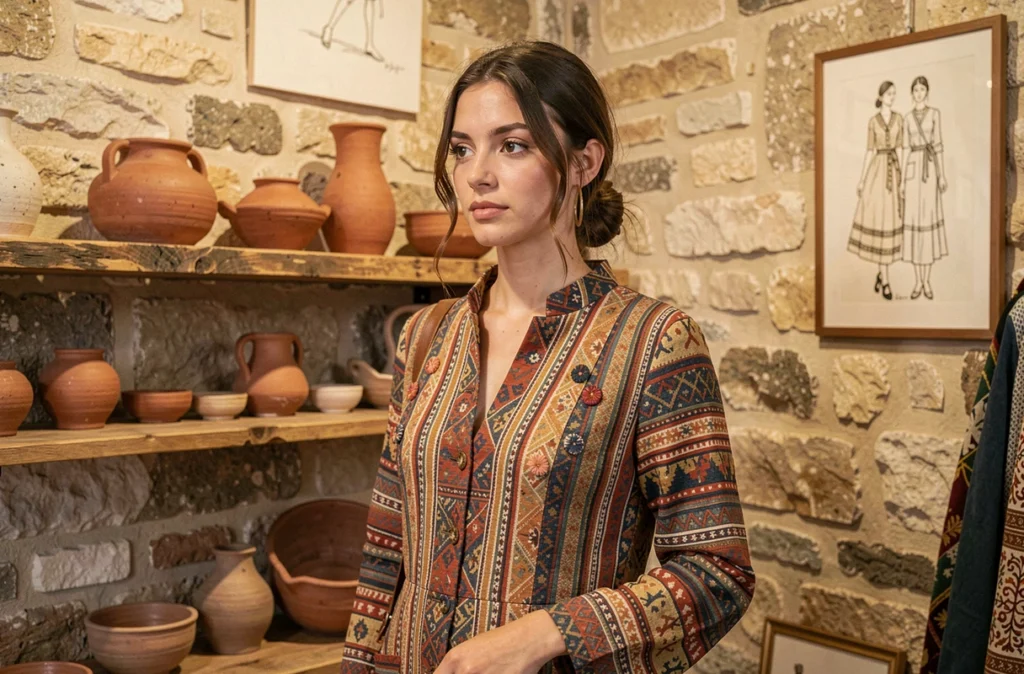 Jeune femme portant une tenue de créateur dans la boutique Noun à Aix-en-Provence, intérieur artisanal avec murs en pierre et étagères en bois brut