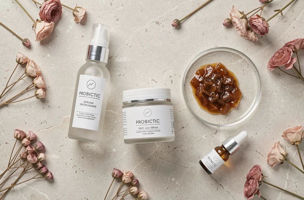Gamme de soins visage enrichis en probiotiques disposée sur une surface en pierre naturelle