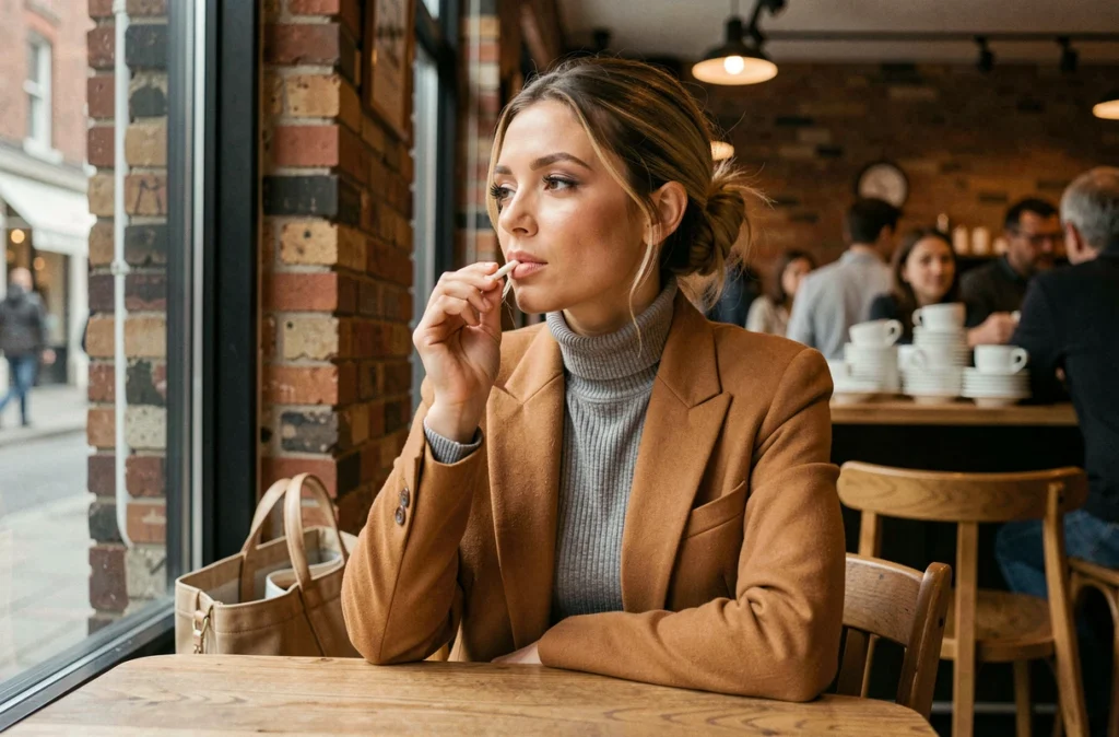 Femme en blazer camel retouchant son maquillage minimaliste avec un blush crème dans un café parisien animé
