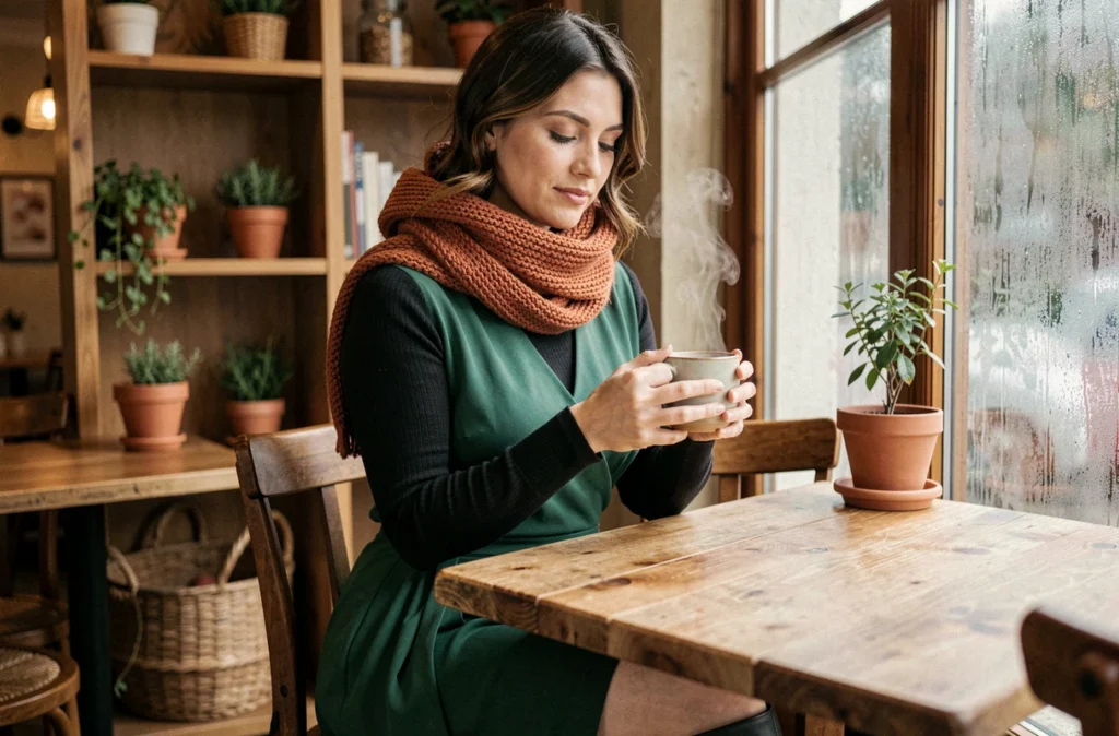 Femme en robe verte wrap superposée d'un top manches longues noir et écharpe en laine, assise dans un café chaleureux en hiver