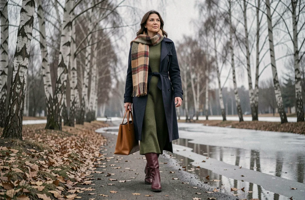 Femme portant une robe en maille vert olive sous un trench-coat marine ceinturé avec des bottes bordeaux, marchant dans un parc en hiver