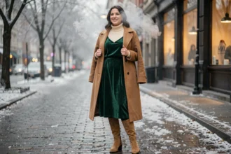 Femme portant une robe verte en hiver superposée sur un col roulé crème avec un manteau camel, dans une rue pavée givrée