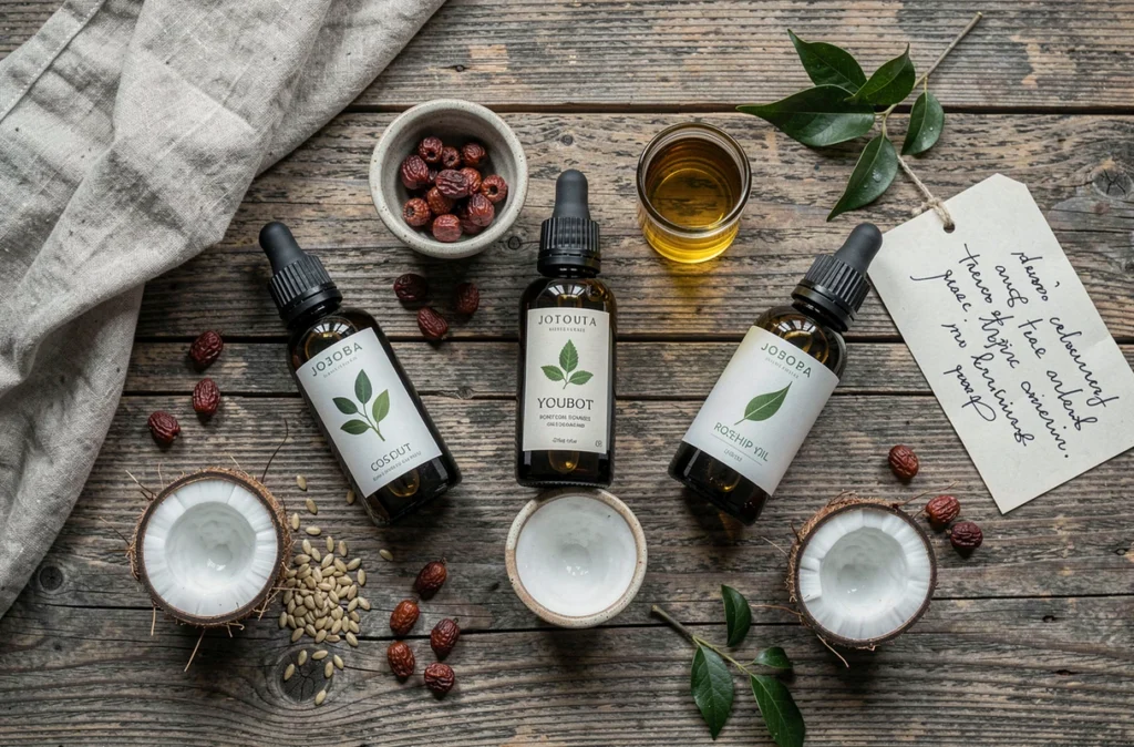 Sélection d'huiles végétales pour cheveux présentées en flat lay avec ingrédients botaniques bruts sur bois patiné