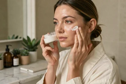 Femme appliquant une crème visage aux probiotiques sur sa peau dans une salle de bain épurée