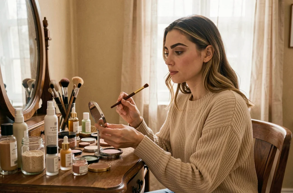 Femme aux sourcils épais et naturels utilisant un pinceau à sourcils devant sa coiffeuse avec des produits de beauté naturels